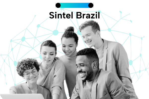 A diverse team of colleagues smiling and collaborating around a laptop with a digital network overlay.