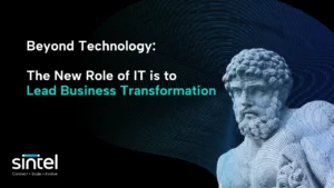graphic design with the text Beyond Technology: The New Role of IT is to Lead Business Transformation
