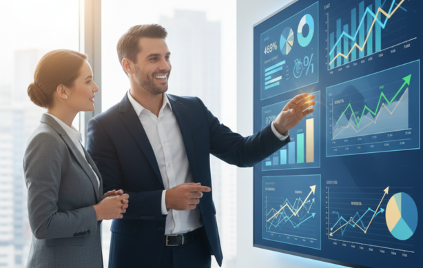 duas pessoas olhando para gráficos positivos